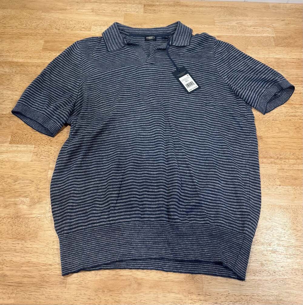 Faherty Reserve SS Linen Sweater Polo in Cayman Navy Feeder